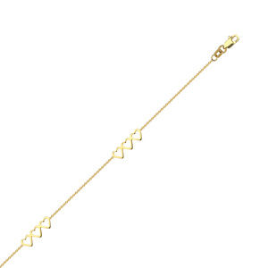14K solid Yellow Real Fine Gold Adjustable Open Heart Trio Anklet